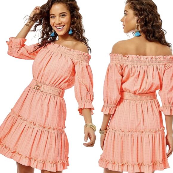 Lilly Pulitzer Louisa Mini Dress Cinched Belt Fit & Flare Off Shoulder Coral S - Picture 1 of 16
